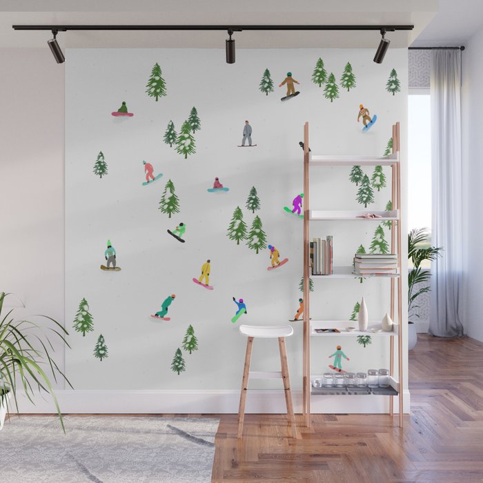 Aerial downhill snowboarders illustration Wall Mural Gallery Image 1