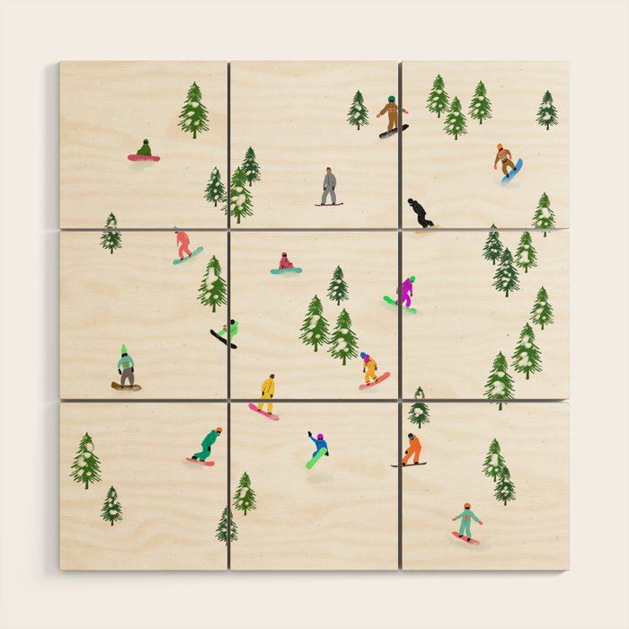 Aerial downhill snowboarders illustration Wood Wall Art Gallery Image 1