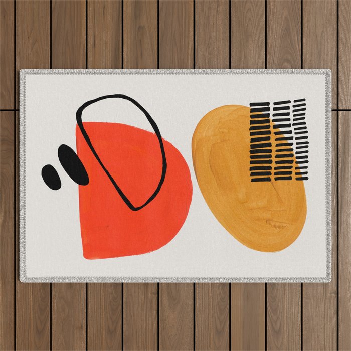 Orbital Fusion Yellow Orange Retro Mid Century Funky Fun Shapes Pattern by Ejaaz Haniff Outdoor Rug Gallery Image 1