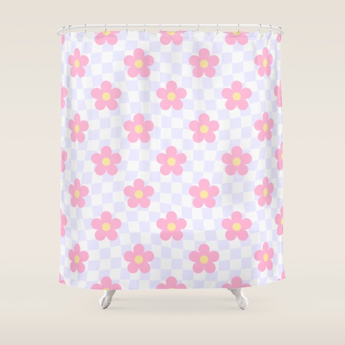 Retro pastel flower checkered art pattern Shower Curtain Gallery Image 1