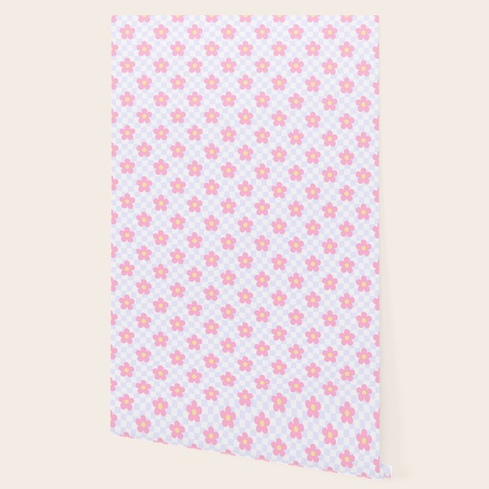 Retro pastel flower checkered art pattern Wallpaper Gallery Image 2