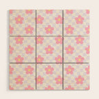 Retro pastel flower checkered art pattern Wood Wall Art Gallery Image 1