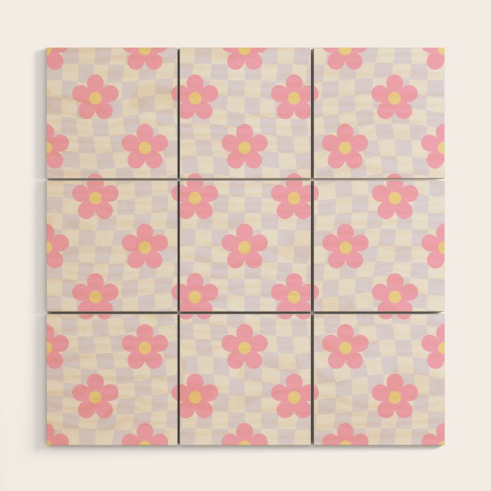 Retro pastel flower checkered art pattern Wood Wall Art Gallery Image 1