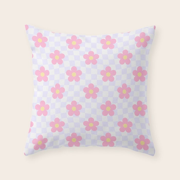 Retro pastel flower checkered art pattern Throw Pillow Gallery Image 6
