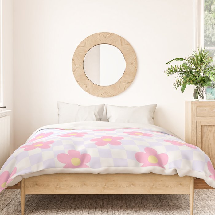 Retro pastel flower checkered art pattern Duvet Cover Gallery Image 3