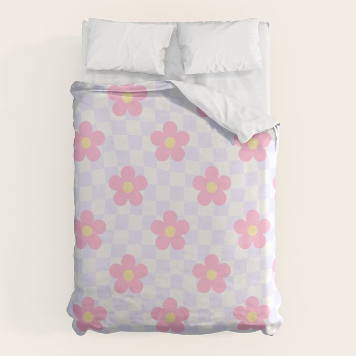 Retro pastel flower checkered art pattern Duvet Cover Gallery Image 6
