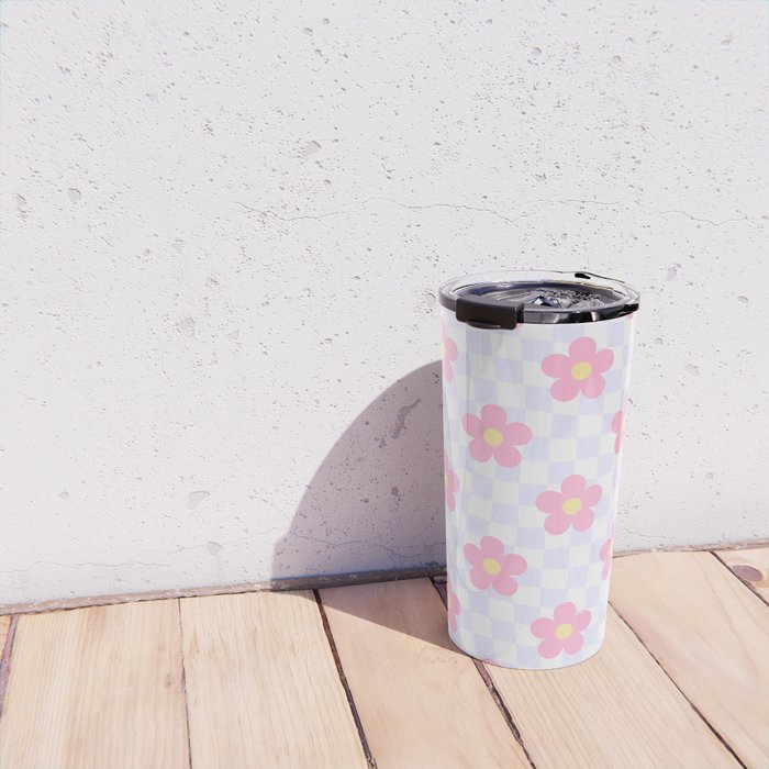 Retro pastel flower checkered art pattern Travel Mug Gallery Image 4