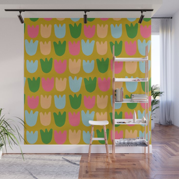 Rows of Tulips in Bloom in Yellow Ochre & Peach Wall Mural Gallery Image 1