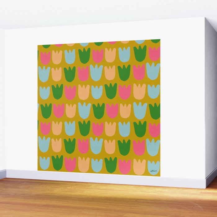Rows of Tulips in Bloom in Yellow Ochre & Peach Wall Mural Gallery Image 2