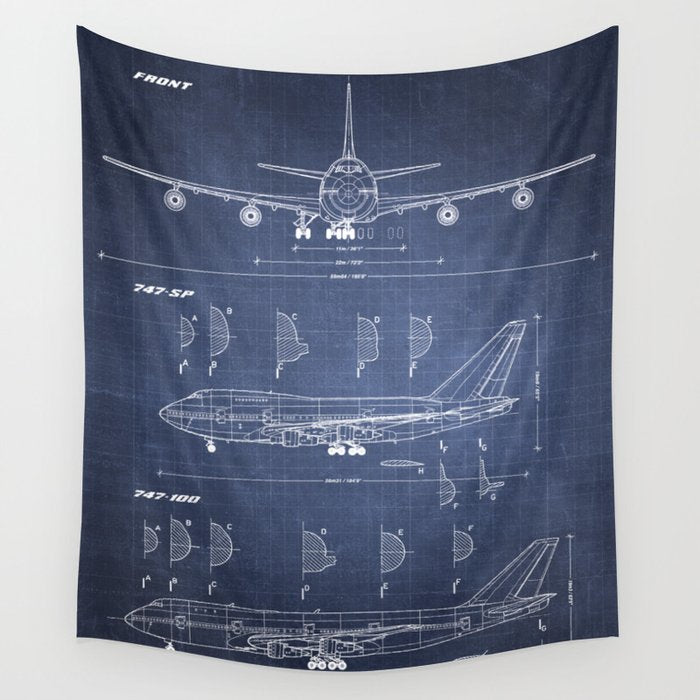 Boeing 747-SP and 747-100 Blueprint in High Resolution (dark blue) Wall Tapestry Gallery Image 4