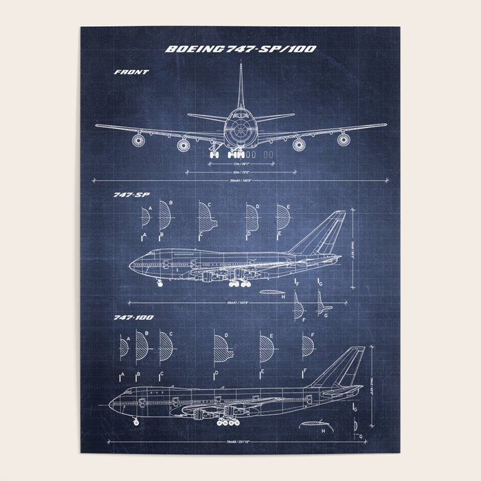 Boeing 747-SP and 747-100 Blueprint in High Resolution (dark blue) Poster Gallery Image 1