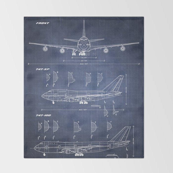 Boeing 747-SP and 747-100 Blueprint in High Resolution (dark blue) Throw Blanket Gallery Image 2