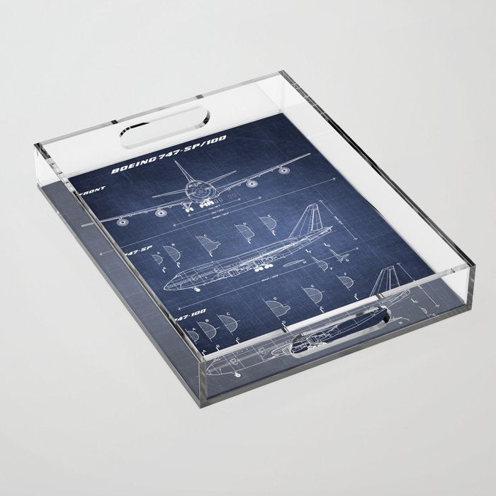 Boeing 747-SP and 747-100 Blueprint in High Resolution (dark blue) Acrylic Tray Gallery Image 1