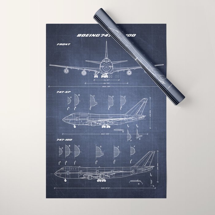 Boeing 747-SP and 747-100 Blueprint in High Resolution (dark blue) Wrapping Paper Gallery Image 1