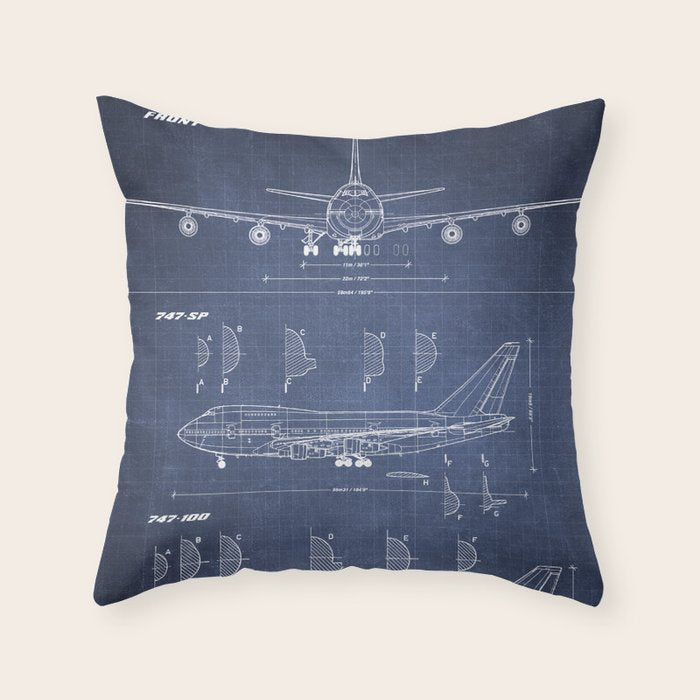 Boeing 747-SP and 747-100 Blueprint in High Resolution (dark blue) Throw Pillow Gallery Image 6