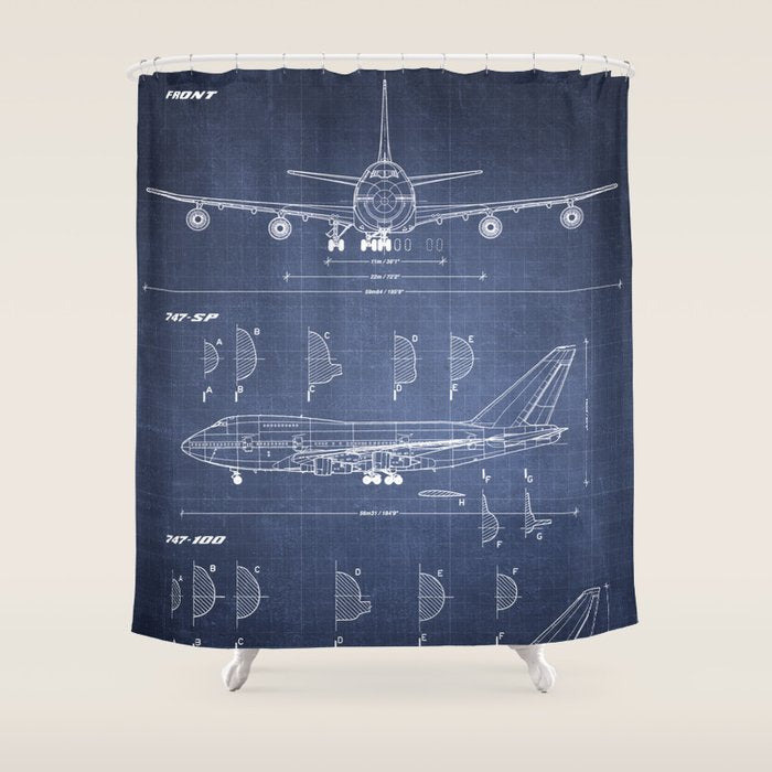Boeing 747-SP and 747-100 Blueprint in High Resolution (dark blue) Shower Curtain Gallery Image 1