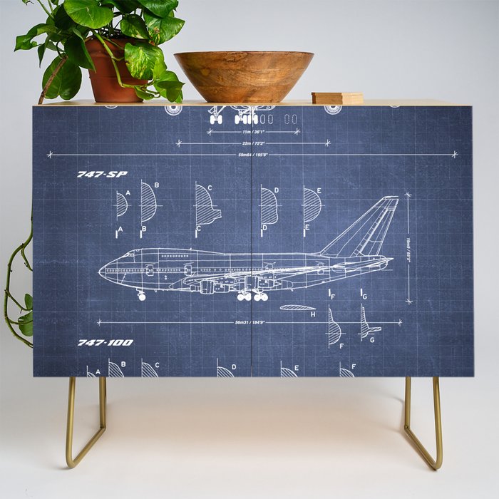 Boeing 747-SP and 747-100 Blueprint in High Resolution (dark blue) Credenza Gallery Image 1