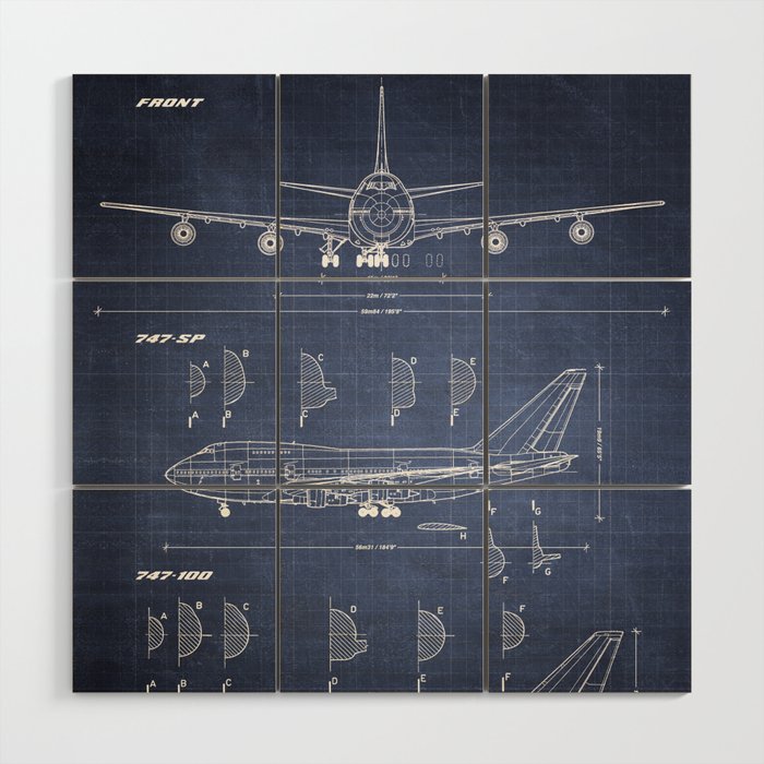 Boeing 747-SP and 747-100 Blueprint in High Resolution (dark blue) Wood Wall Art Gallery Image 1