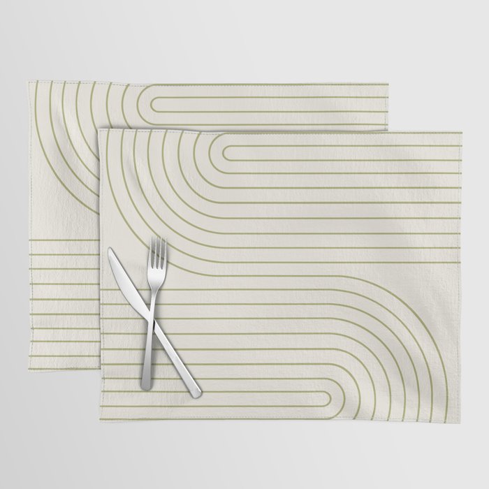 Minimal Line Curvature LXXXVII Creme & Green Mid Century Modern Arch Abstract Placemat Gallery Image 1