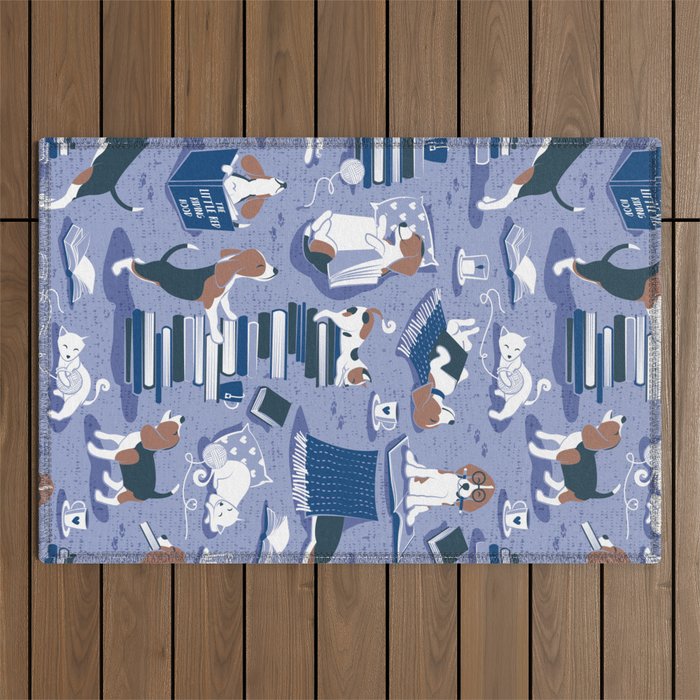 Life is better with books a hot drink and a friend // indigo blue background brown white and blue beagles and cats and classic blue cozy details Outdoor Rug Gallery Image 1