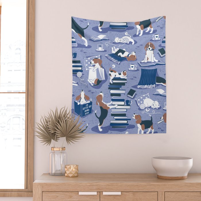 Life is better with books a hot drink and a friend // indigo blue background brown white and blue beagles and cats and classic blue cozy details Wall Tapestry Gallery Image 2