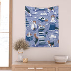 Life is better with books a hot drink and a friend // indigo blue background brown white and blue beagles and cats and classic blue cozy details Wall Tapestry Gallery Image 2