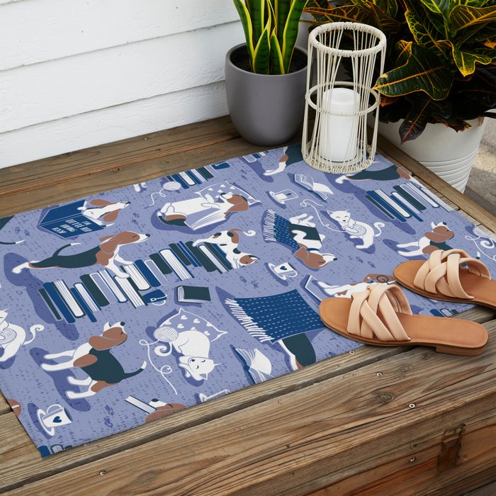 Life is better with books a hot drink and a friend // indigo blue background brown white and blue beagles and cats and classic blue cozy details Outdoor Rug Gallery Image 2