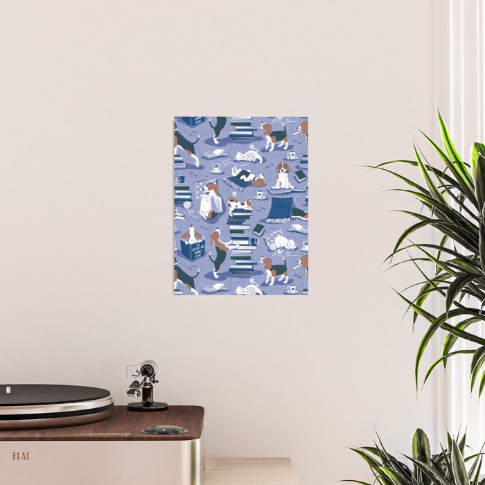 Life is better with books a hot drink and a friend // indigo blue background brown white and blue beagles and cats and classic blue cozy details Poster Gallery Image 2