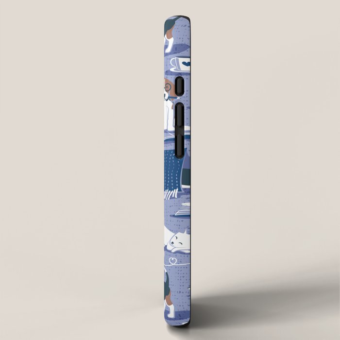 Life is better with books a hot drink and a friend // indigo blue background brown white and blue beagles and cats and classic blue cozy details iPhone Case Gallery Image 2