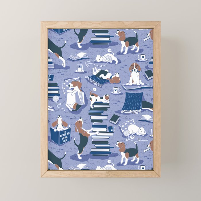 Life is better with books a hot drink and a friend // indigo blue background brown white and blue beagles and cats and classic blue cozy details Mini Art Print Gallery Image 1