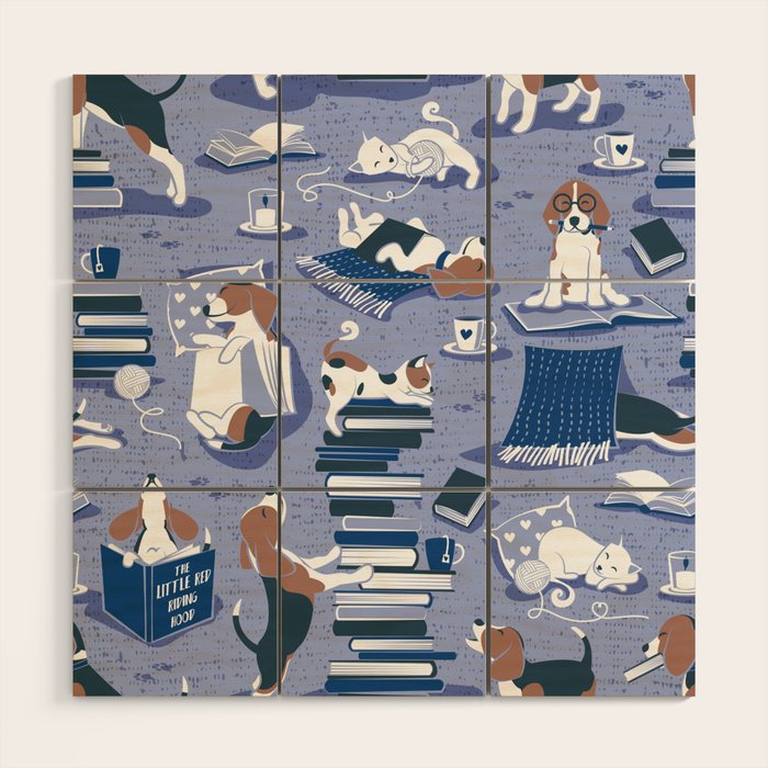 Life is better with books a hot drink and a friend // indigo blue background brown white and blue beagles and cats and classic blue cozy details Wood Wall Art Gallery Image 1
