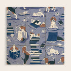 Life is better with books a hot drink and a friend // indigo blue background brown white and blue beagles and cats and classic blue cozy details Wood Wall Art Gallery Image 1