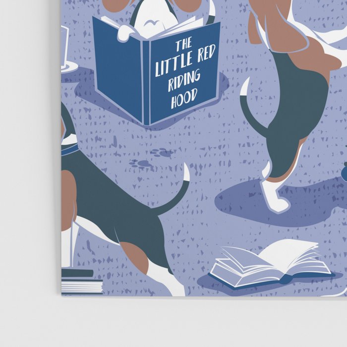 Life is better with books a hot drink and a friend // indigo blue background brown white and blue beagles and cats and classic blue cozy details Poster Gallery Image 3