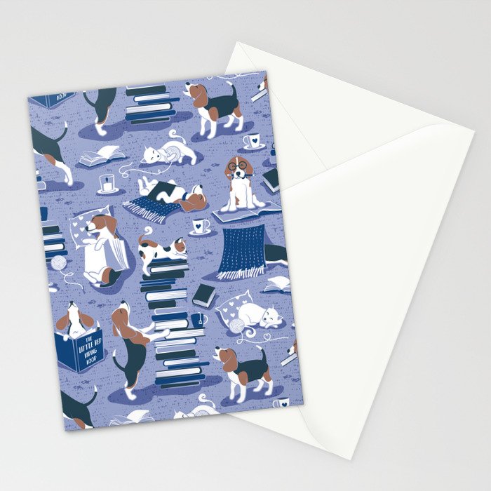 Life is better with books a hot drink and a friend // indigo blue background brown white and blue beagles and cats and classic blue cozy details Stationery Card Gallery Image 2