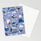 Life is better with books a hot drink and a friend // indigo blue background brown white and blue beagles and cats and classic blue cozy details Stationery Card Gallery Image 2