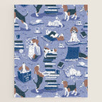 Life is better with books a hot drink and a friend // indigo blue background brown white and blue beagles and cats and classic blue cozy details Jigsaw Puzzle Gallery Image 1