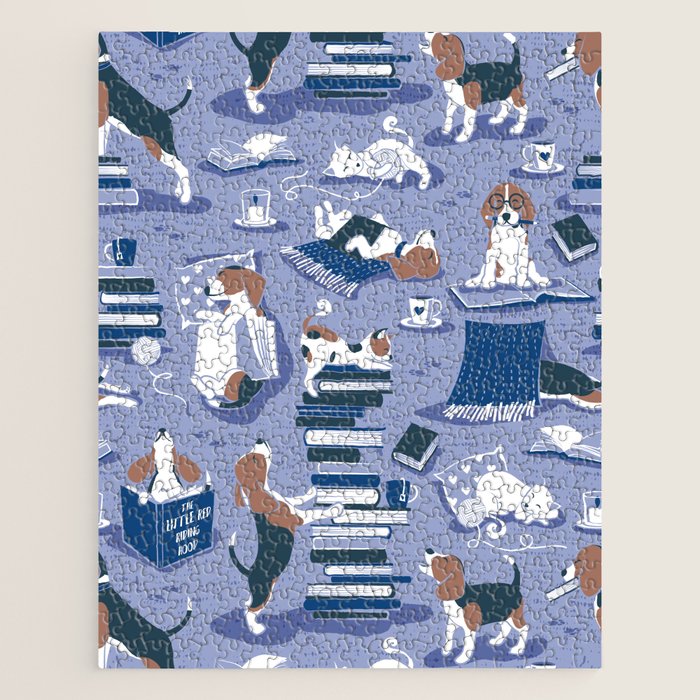 Life is better with books a hot drink and a friend // indigo blue background brown white and blue beagles and cats and classic blue cozy details Jigsaw Puzzle Gallery Image 1