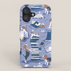 Life is better with books a hot drink and a friend // indigo blue background brown white and blue beagles and cats and classic blue cozy details iPhone Case Gallery Image 1