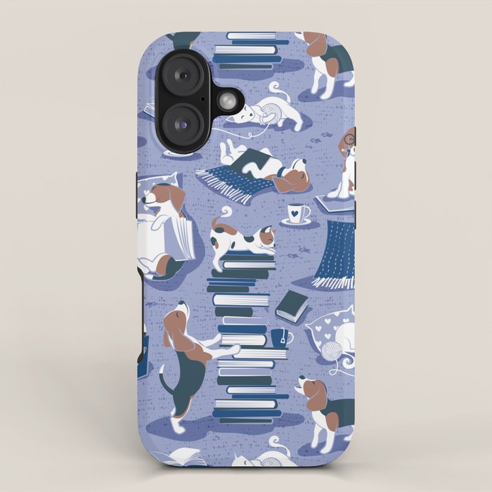 Life is better with books a hot drink and a friend // indigo blue background brown white and blue beagles and cats and classic blue cozy details iPhone Case Gallery Image 1