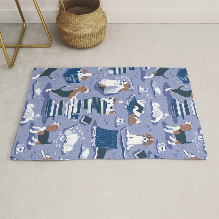 Life is better with books a hot drink and a friend // indigo blue background brown white and blue beagles and cats and classic blue cozy details Rug Gallery Image 1