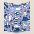 Life is better with books a hot drink and a friend // indigo blue background brown white and blue beagles and cats and classic blue cozy details Wall Tapestry Gallery Image 4