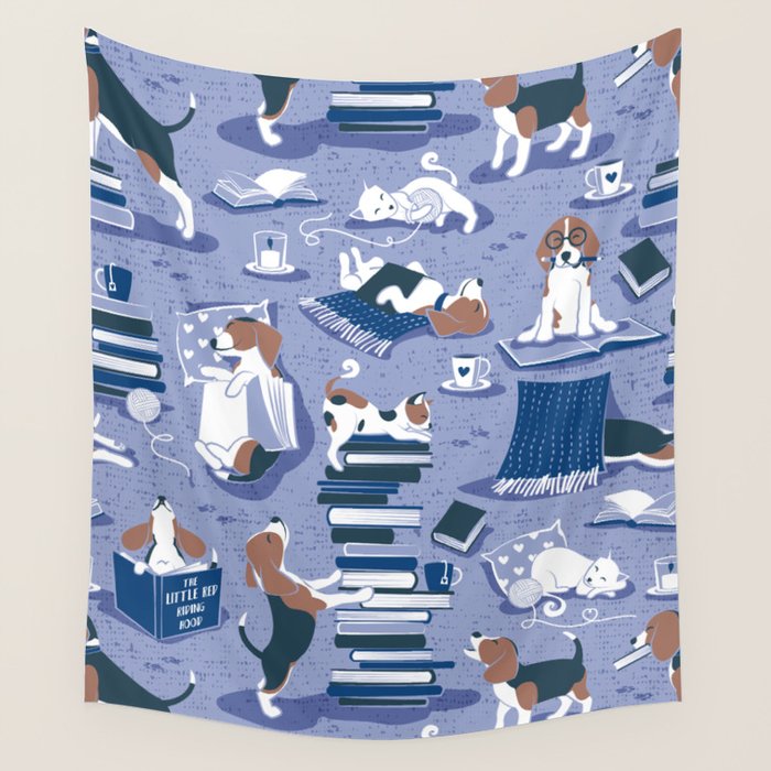 Life is better with books a hot drink and a friend // indigo blue background brown white and blue beagles and cats and classic blue cozy details Wall Tapestry Gallery Image 4