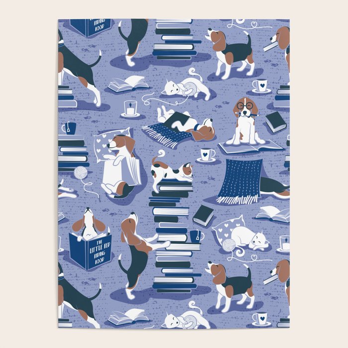 Life is better with books a hot drink and a friend // indigo blue background brown white and blue beagles and cats and classic blue cozy details Poster Gallery Image 4