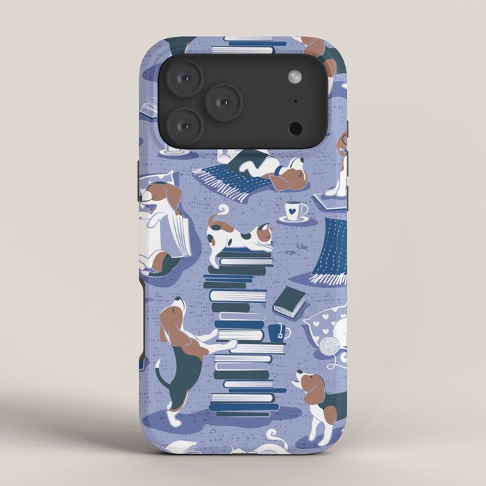 Life is better with books a hot drink and a friend // indigo blue background brown white and blue beagles and cats and classic blue cozy details iPhone Case Gallery Image 4