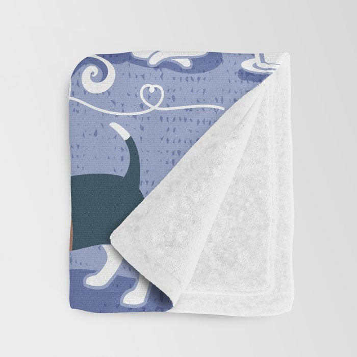 Life is better with books a hot drink and a friend // indigo blue background brown white and blue beagles and cats and classic blue cozy details Throw Blanket Gallery Image 3