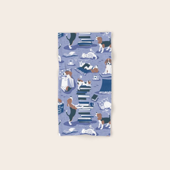 Life is better with books a hot drink and a friend // indigo blue background brown white and blue beagles and cats and classic blue cozy details Bath Towel Gallery Image 1
