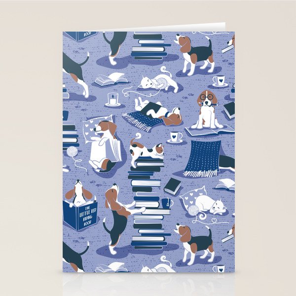 Life is better with books a hot drink and a friend // indigo blue background brown white and blue beagles and cats and classic blue cozy details Stationery Card Gallery Image 2
