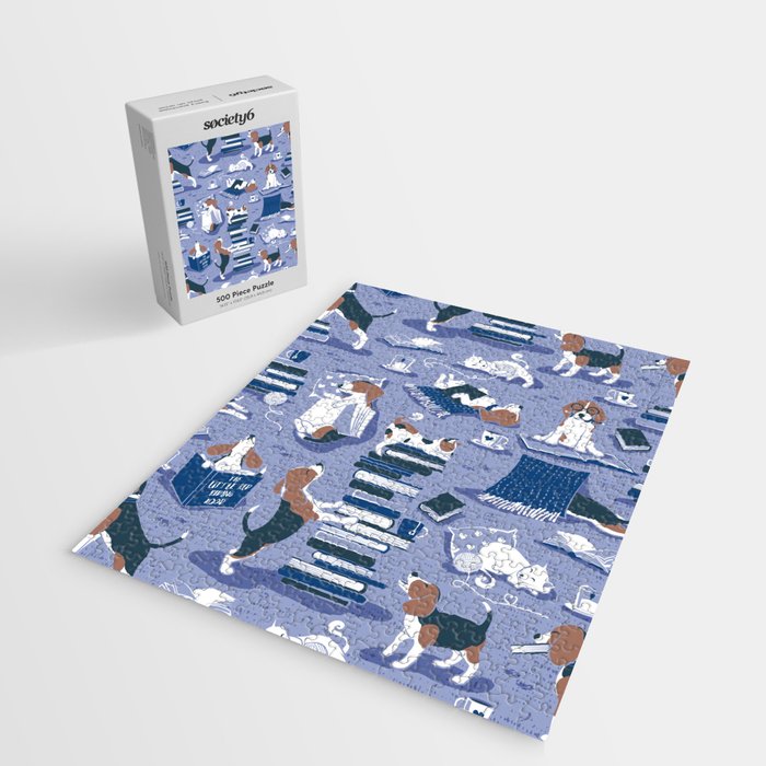 Life is better with books a hot drink and a friend // indigo blue background brown white and blue beagles and cats and classic blue cozy details Jigsaw Puzzle Gallery Image 2