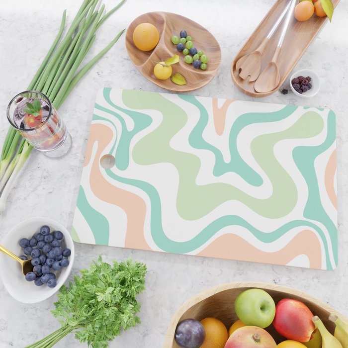 Retro Liquid Candy Swirl Abstract Pattern in Pastel Mint Teal and Salmon Blush on White Cutting Board Gallery Image 2