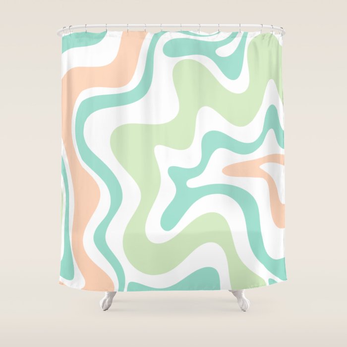 Retro Liquid Candy Swirl Abstract Pattern in Pastel Mint Teal and Salmon Blush on White Shower Curtain Gallery Image 1